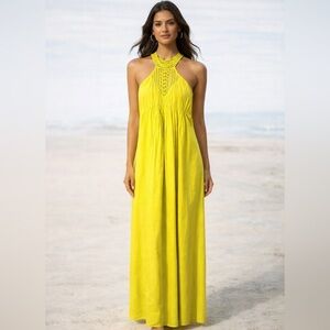 Susana Monaco Yellow Halter Crochet Maxi Dress Size 6 Cotton